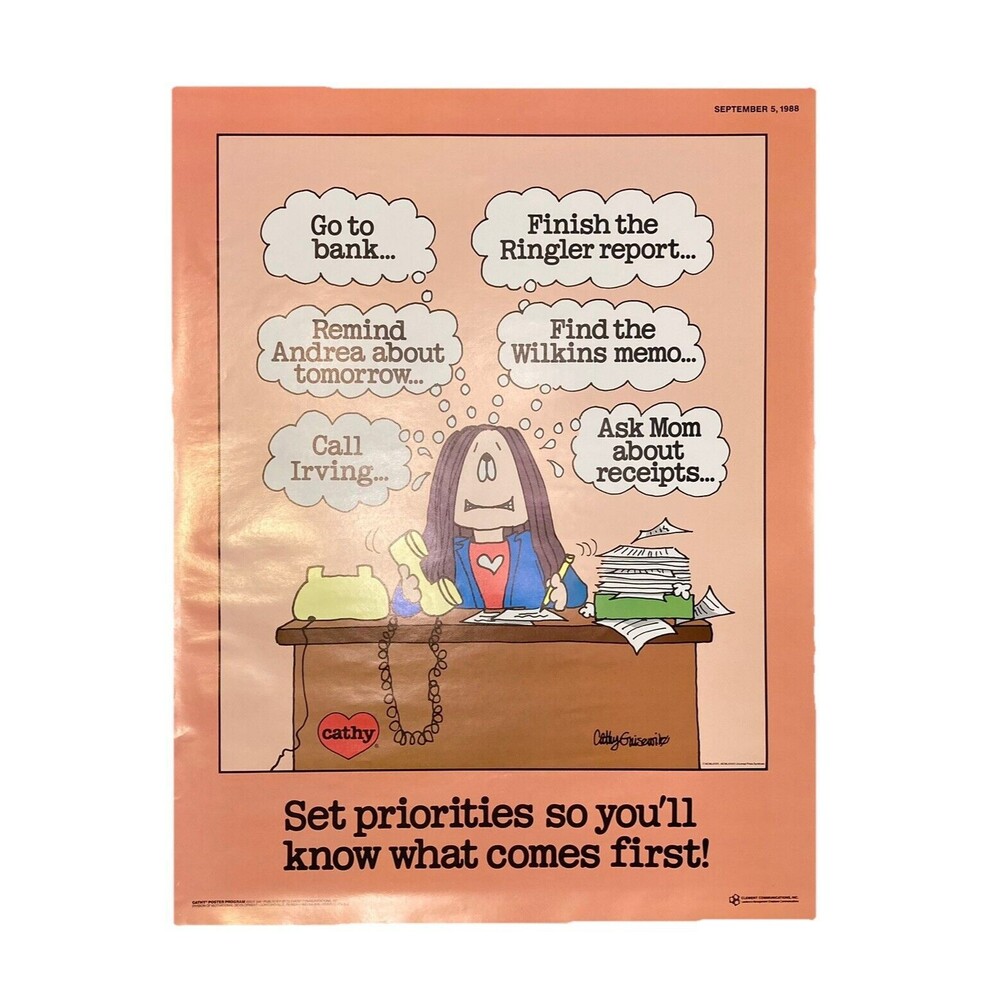 VTG CATHY Comic Strip "Set Priorities" Office Motivational Poster- Guisewite